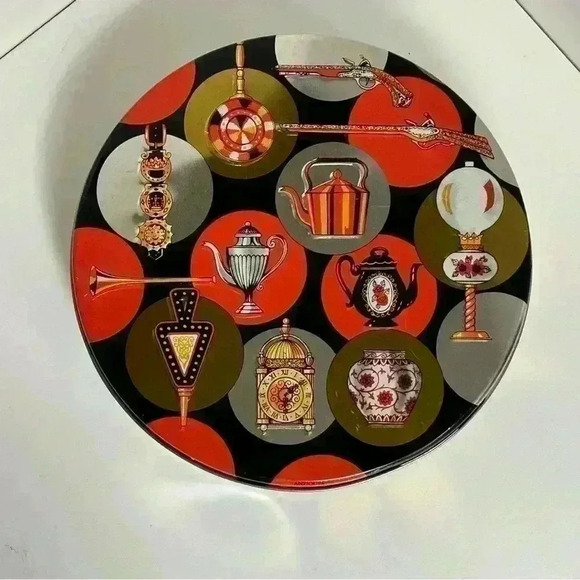 Fabulous 60s Huntley Boorne Biscuit tin orange & black  with antique items theme - Picture 1 of 7